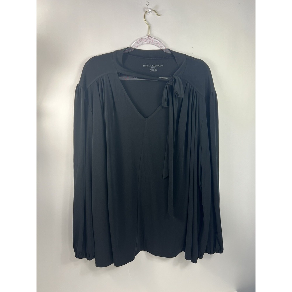 Jessica London Blouse Women's Plus Sz 30/32 Black V-Neck With Tie Long Sleeve
